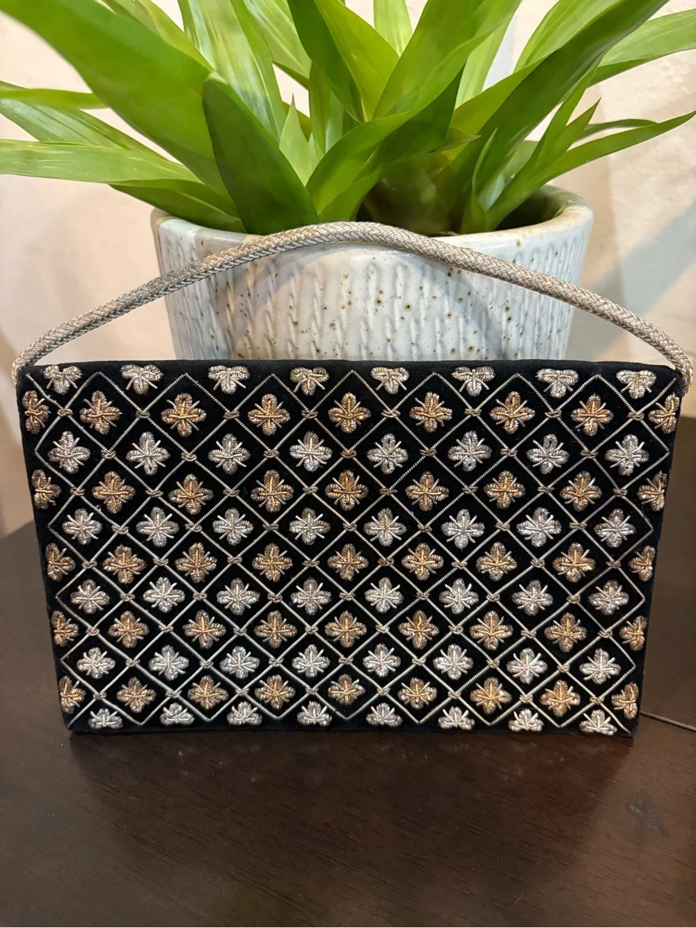 Embellished Black Vintage Zardozi Evening Clutch with Silver & Gold Accents